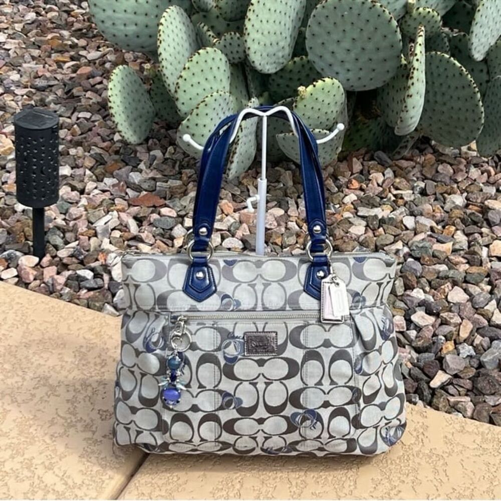 Coach 2012 Poppy Lurex Silver & Navy Signature C Glam Large Tote Bag #18711